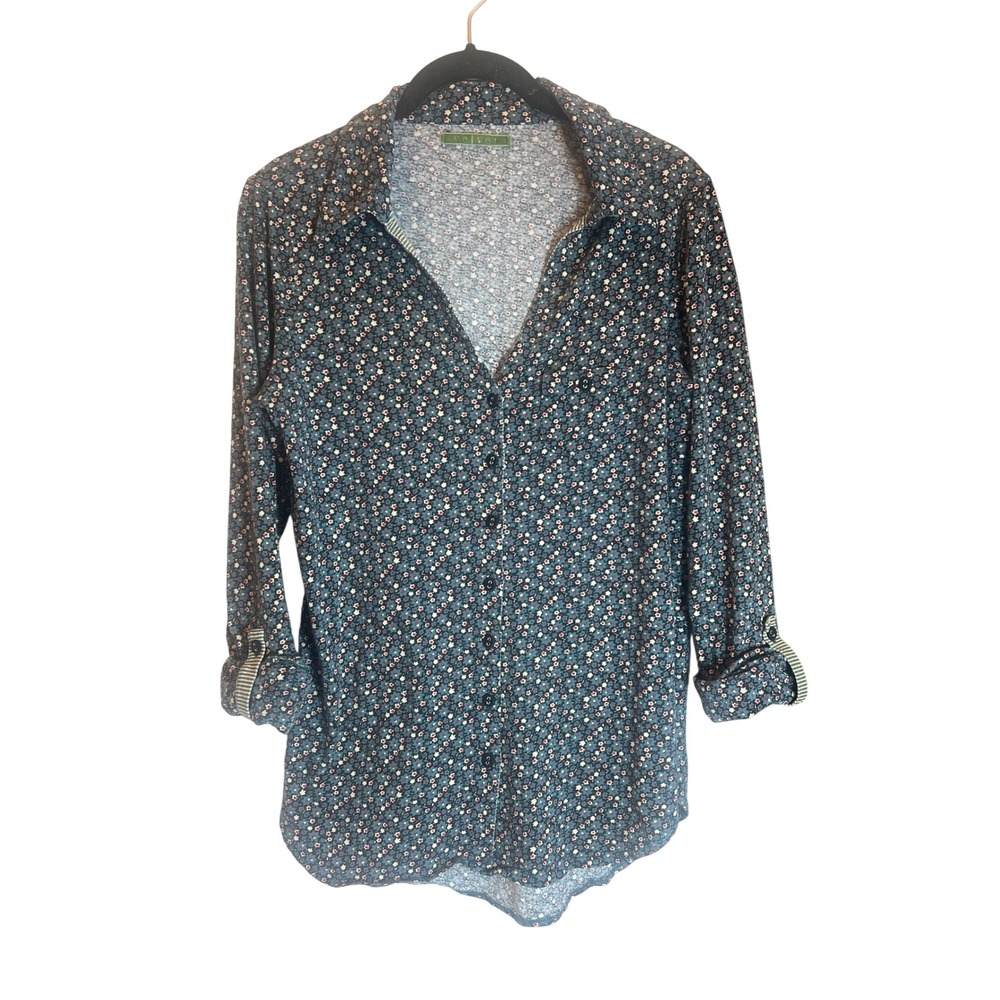 Velvet by Graham & Spencer Floral Cotton Knit Roll Tab Button Down Shirt M Y2k